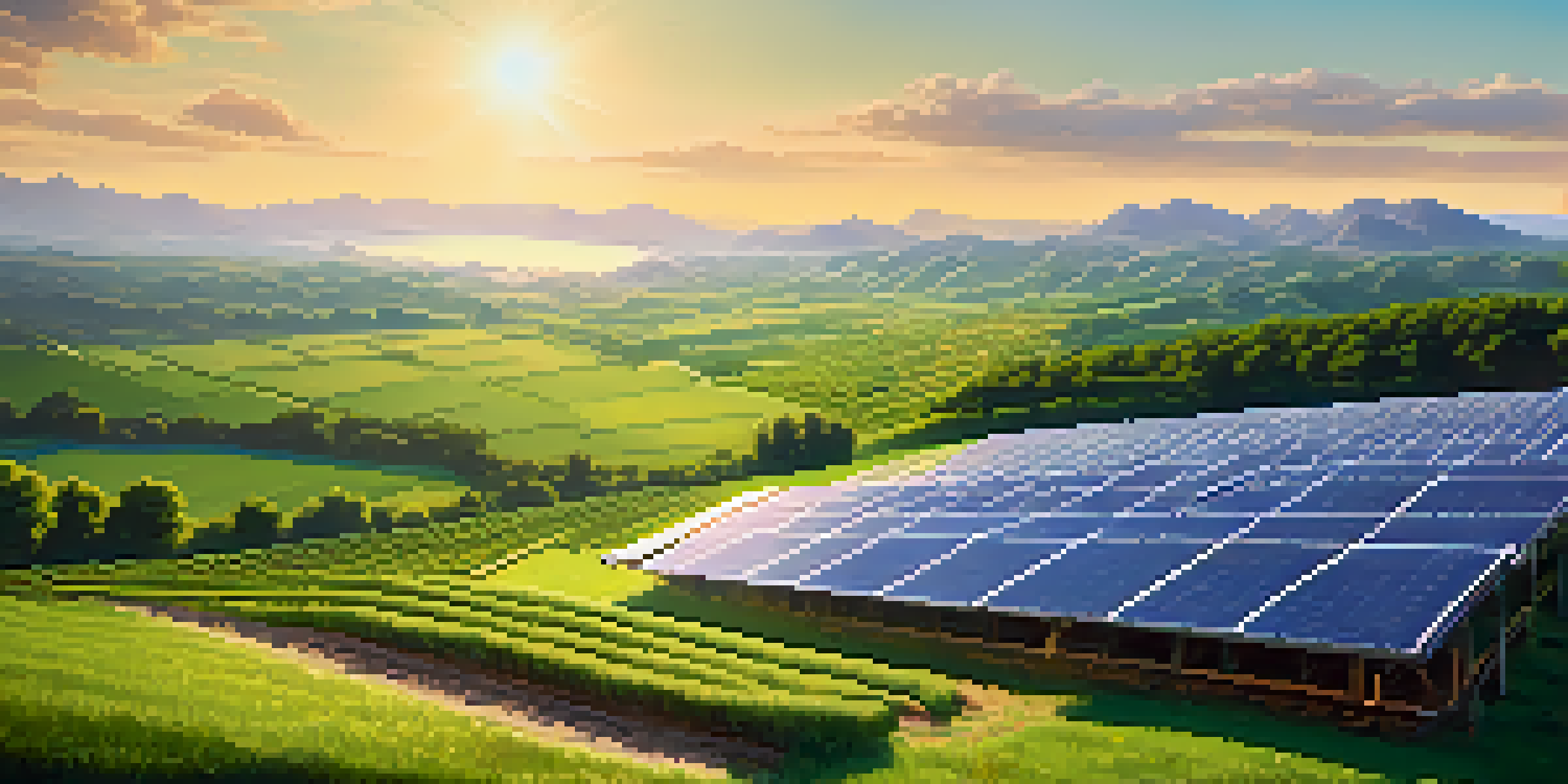 A solar-powered Ethereum mining farm in a green landscape with solar panels and blue sky.