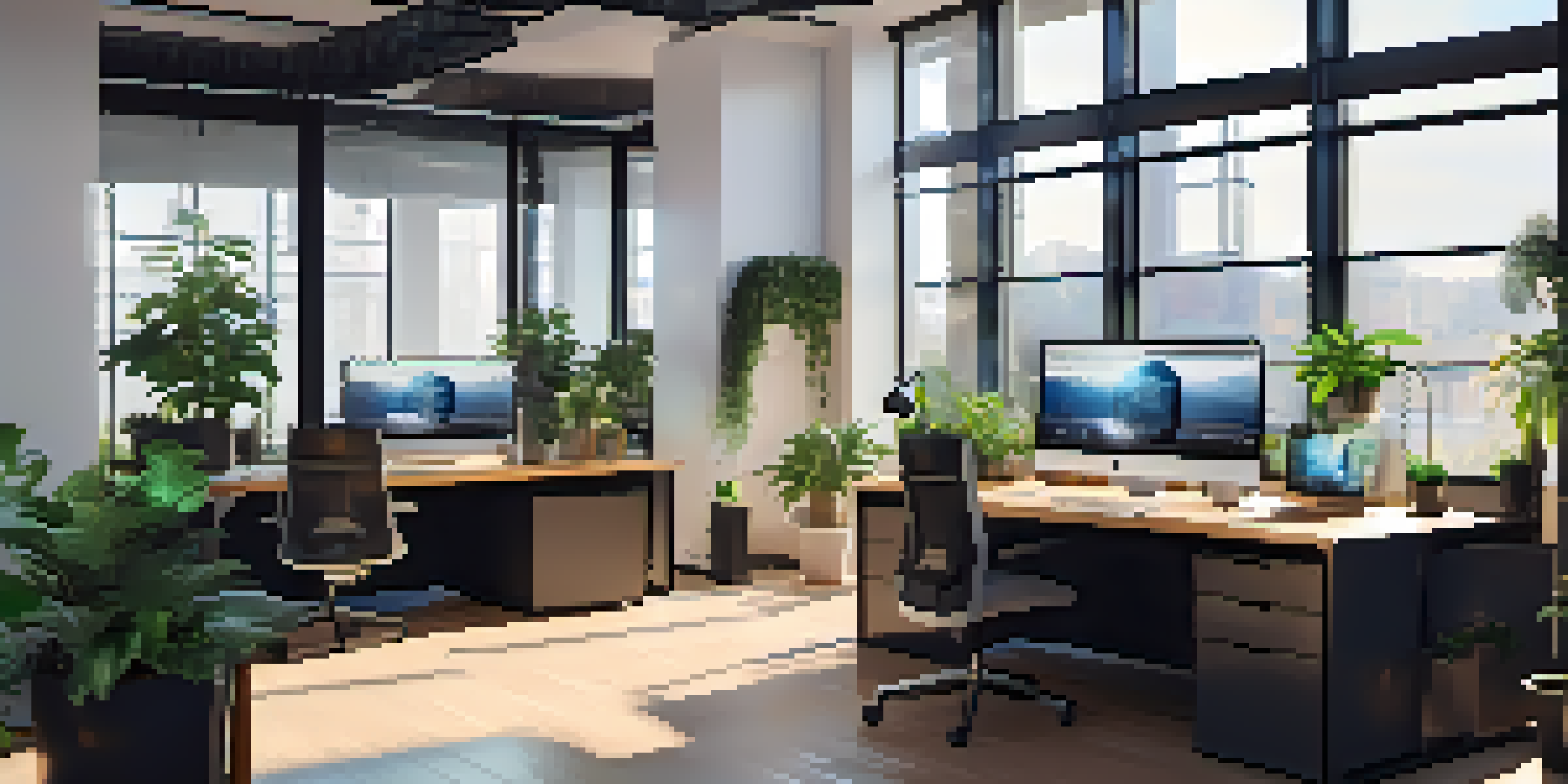 A bright and modern office workspace with a computer setup showing smart contract code, illuminated by natural light.