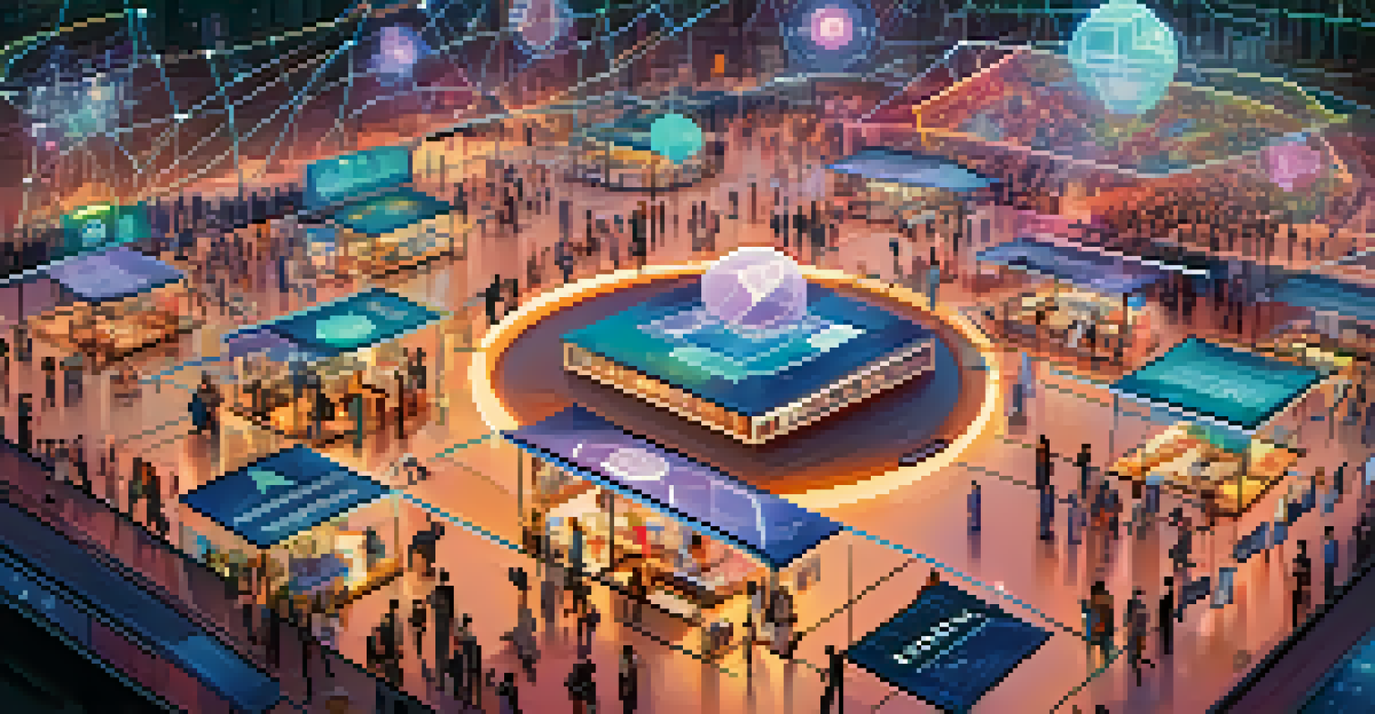 A futuristic digital marketplace showcasing a decentralized content distribution system with interconnected nodes and blockchain symbols, symbolizing innovation and community.