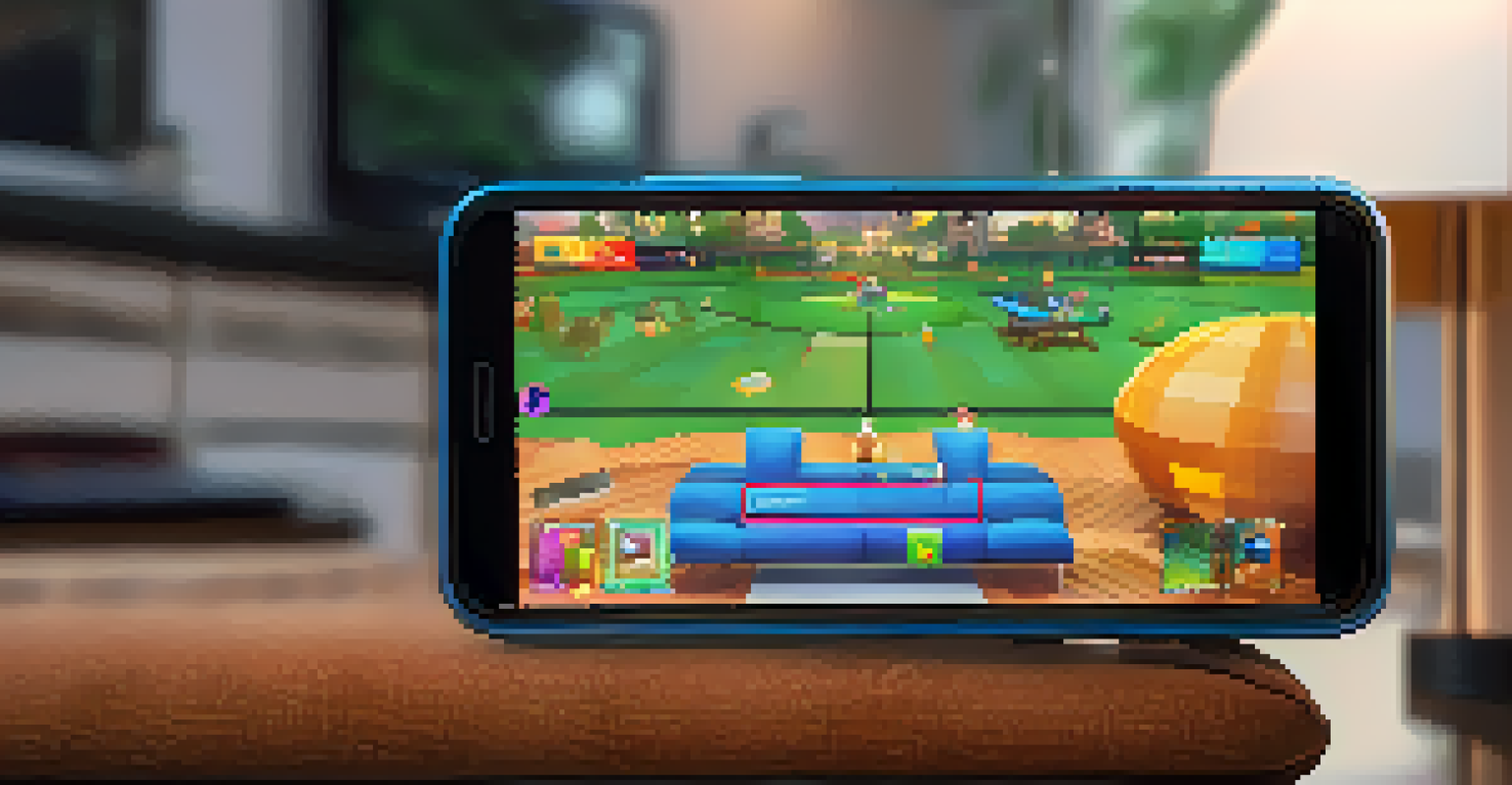 A close-up of a smartphone showing a gaming decentralized application, held by a user in a cozy living room.