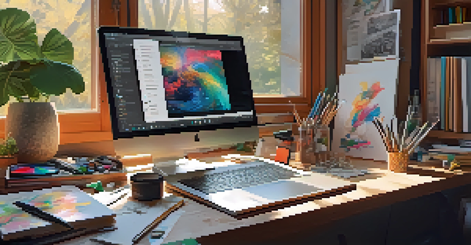 An artist's workspace with digital tools, a tablet, and a computer showing an NFT artwork in progress, illuminated by natural light.