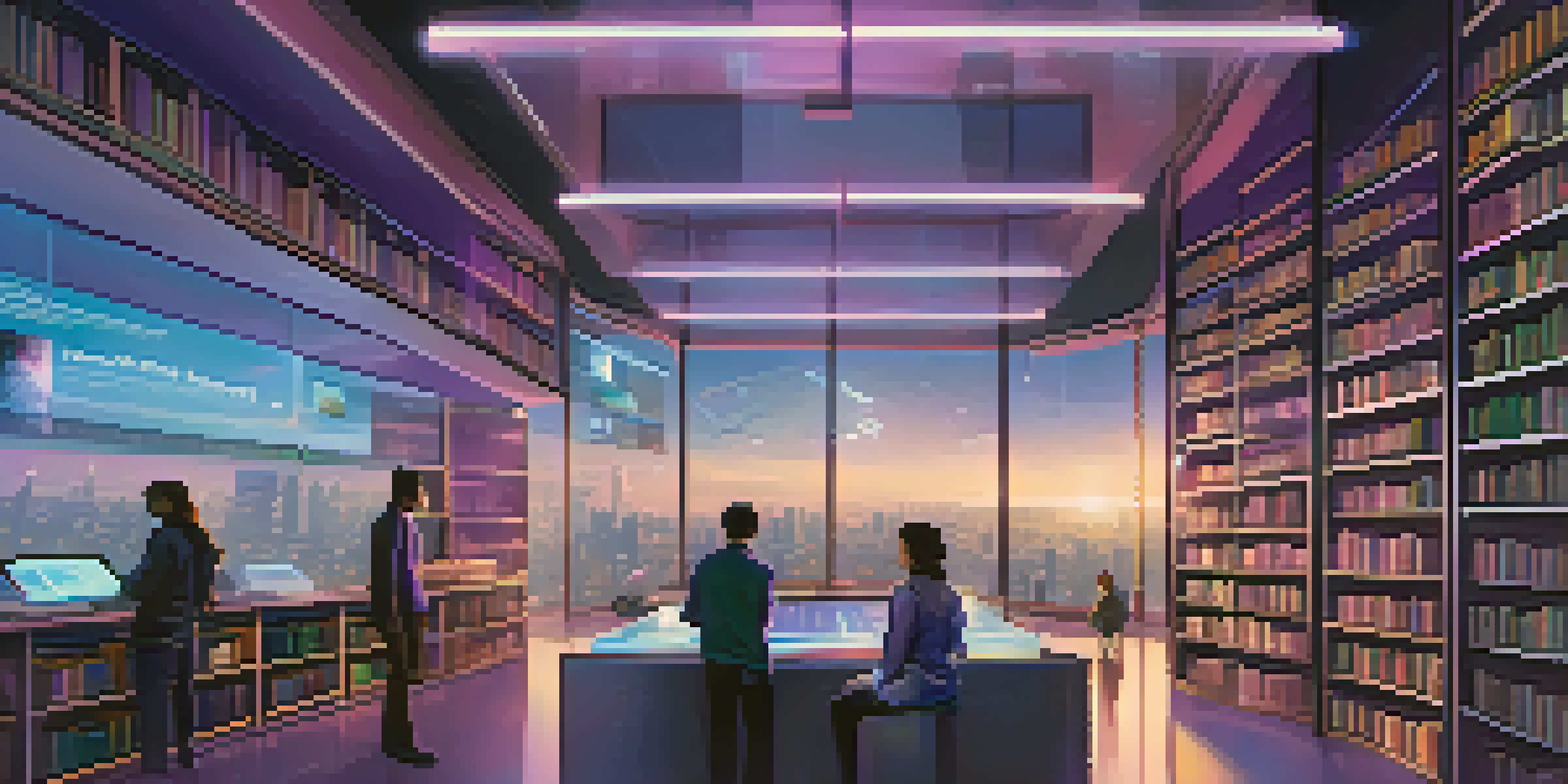 A modern library with glowing digital books and readers using holographic displays, illuminated by soft blue and purple light.