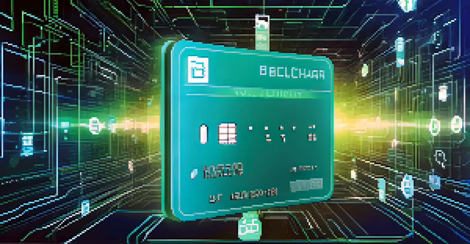 A digital identity card surrounded by blockchain nodes and digital tokens in a virtual space, with a blue and green gradient background.