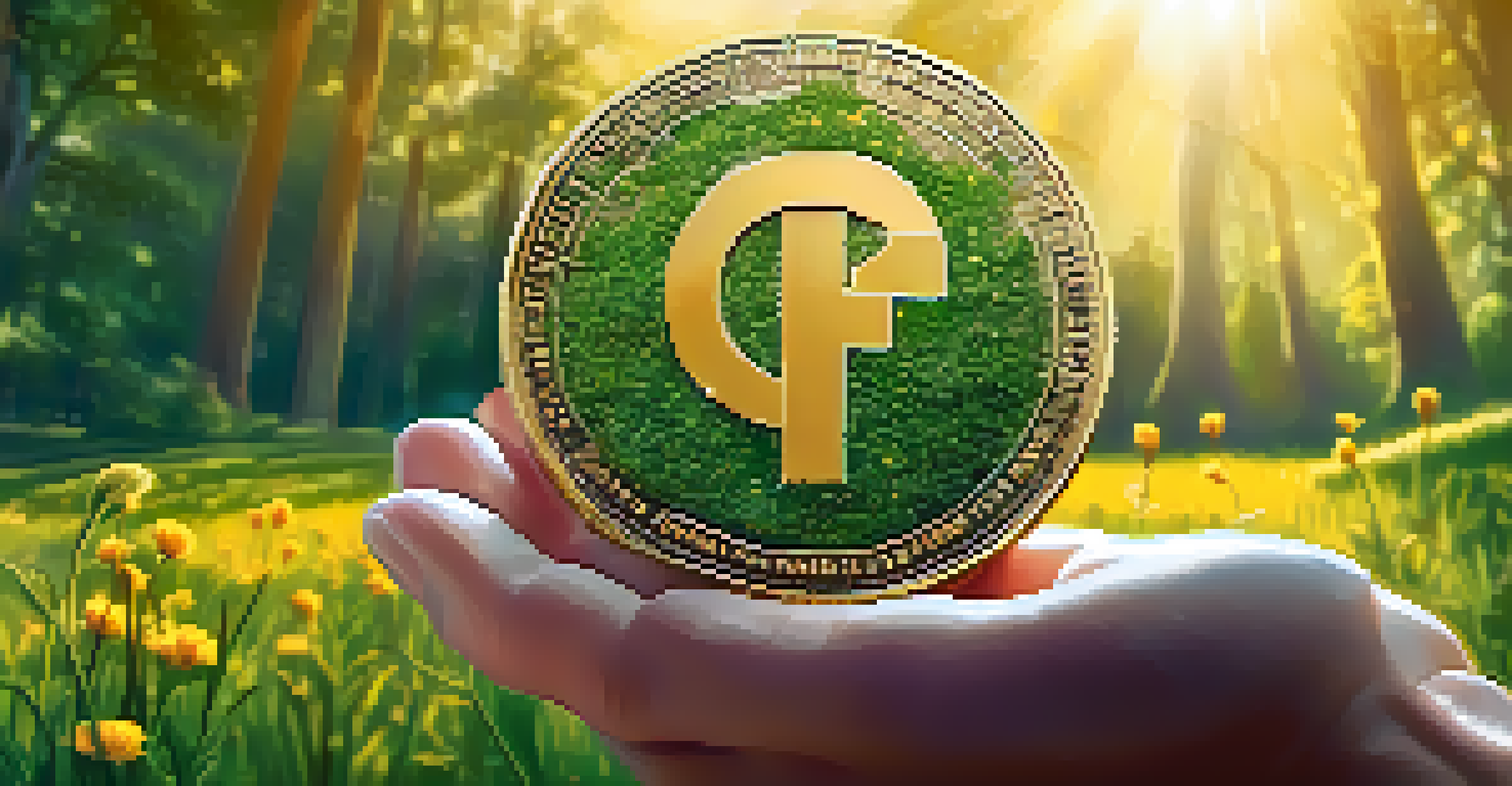 A hand holding a golden coin with a blockchain symbol, surrounded by green grass and wildflowers under sunlight.
