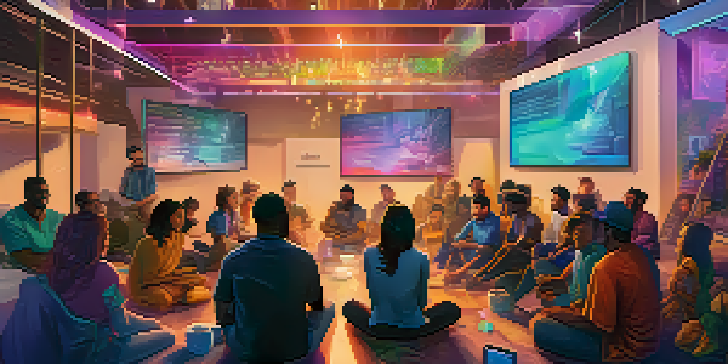 A diverse group of people in a digital space discussing Ethereum's future, with colorful banners and digital screens.