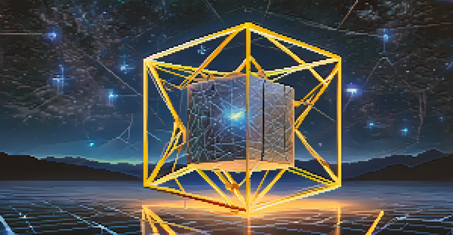 A glowing, transparent cube representing a smart contract surrounded by interconnected nodes in a digital network under a starry night sky.