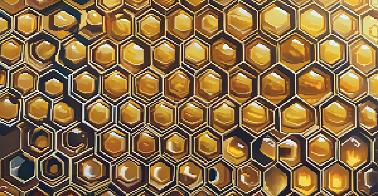 A close-up of a honeycomb filled with honey, with bees hovering around it and sunlight illuminating the scene.