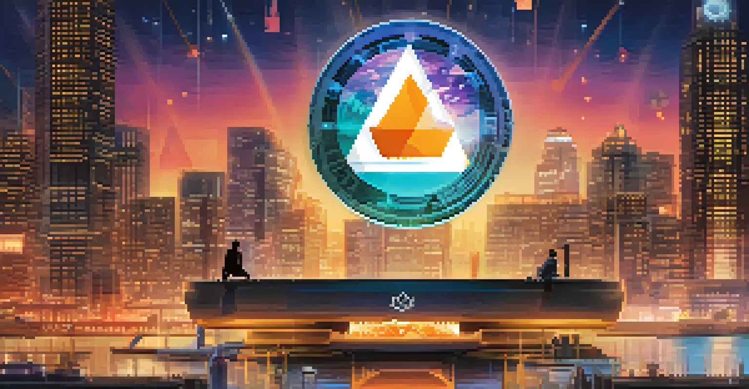 An artistic digital wallet interface featuring the MetaMask logo against a futuristic cityscape with glowing elements.