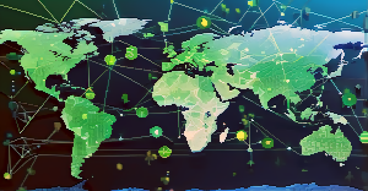 An abstract world map showing the diverse regulatory landscape for Ethereum, with currency symbols and blockchain icons highlighted in various colors.