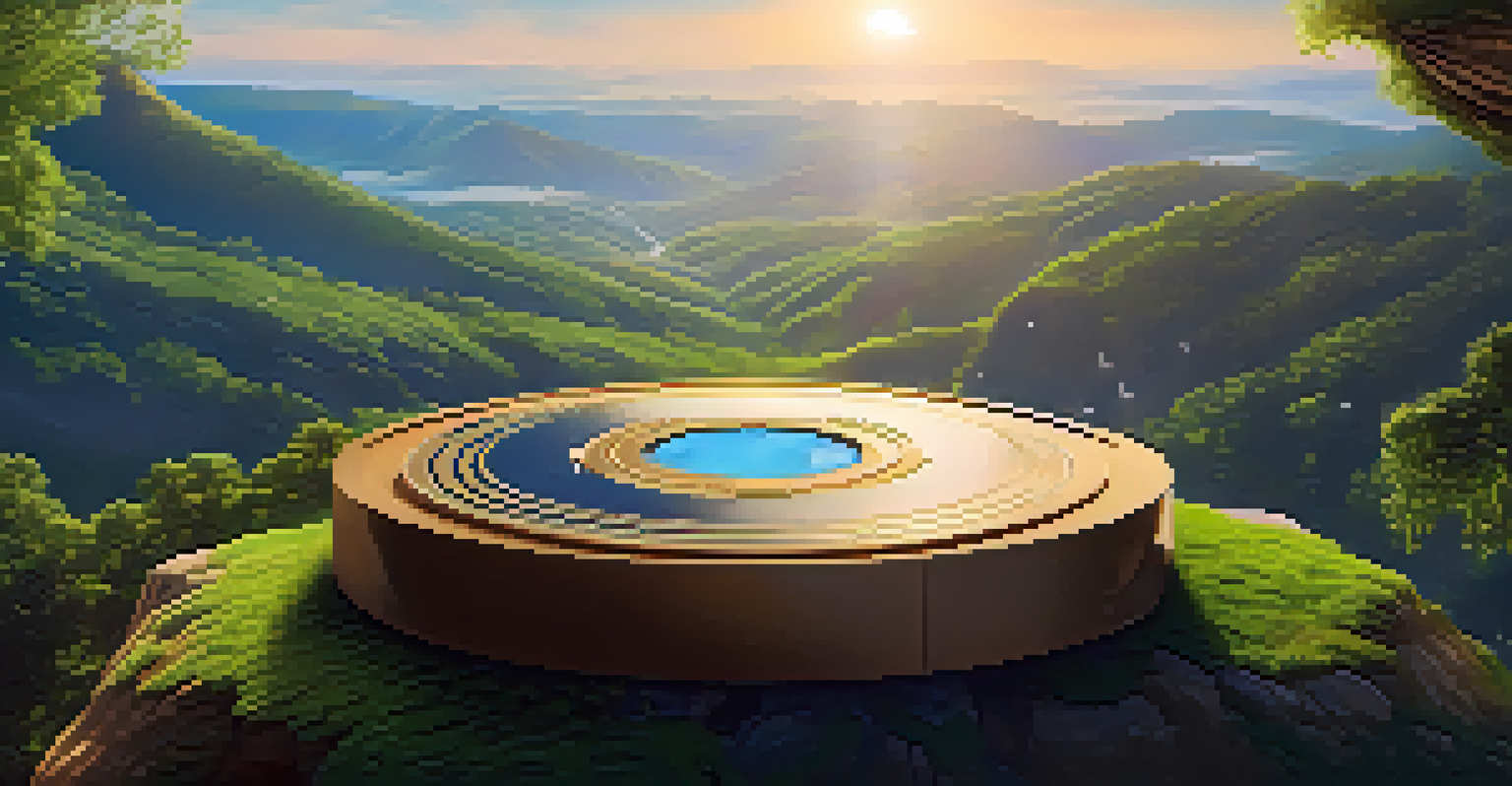 A serene landscape with a balance scale on a cliff overlooking a valley of digital assets, symbolizing the future of DeFi regulation in harmony with nature.
