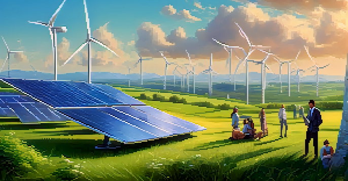 A peaceful scene showing people working together in a green field with wind turbines and solar panels, highlighting sustainable technology.