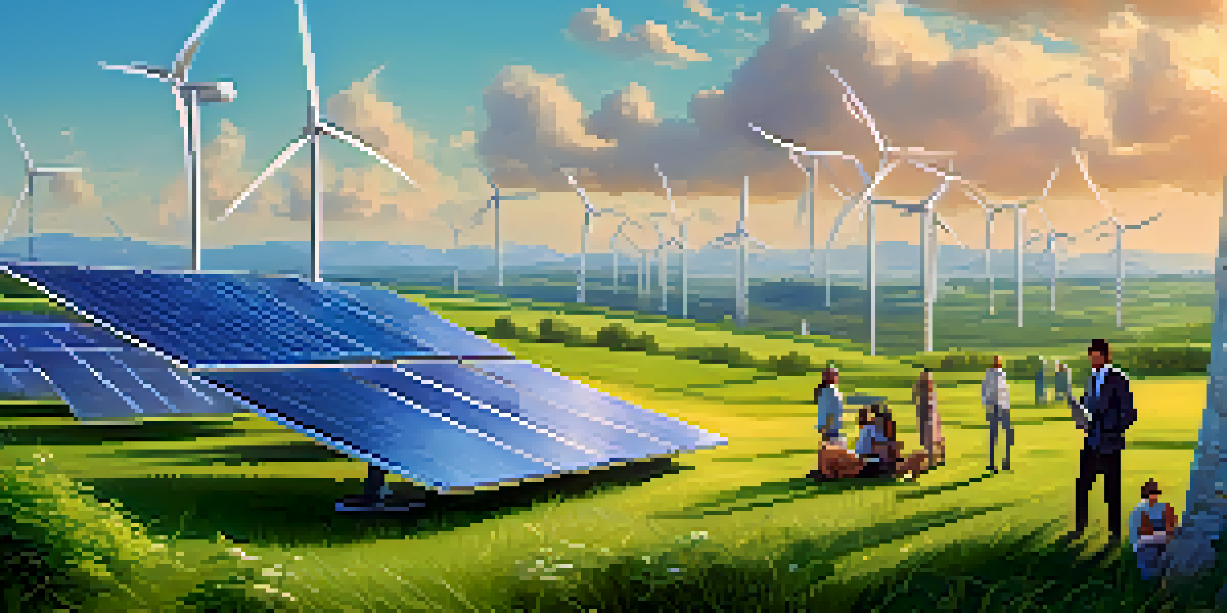 A peaceful scene showing people working together in a green field with wind turbines and solar panels, highlighting sustainable technology.