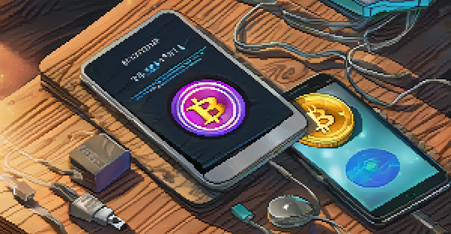 Sleek cryptocurrency hardware wallet on a desk, surrounded by glowing coins representing Ether and Bitcoin.