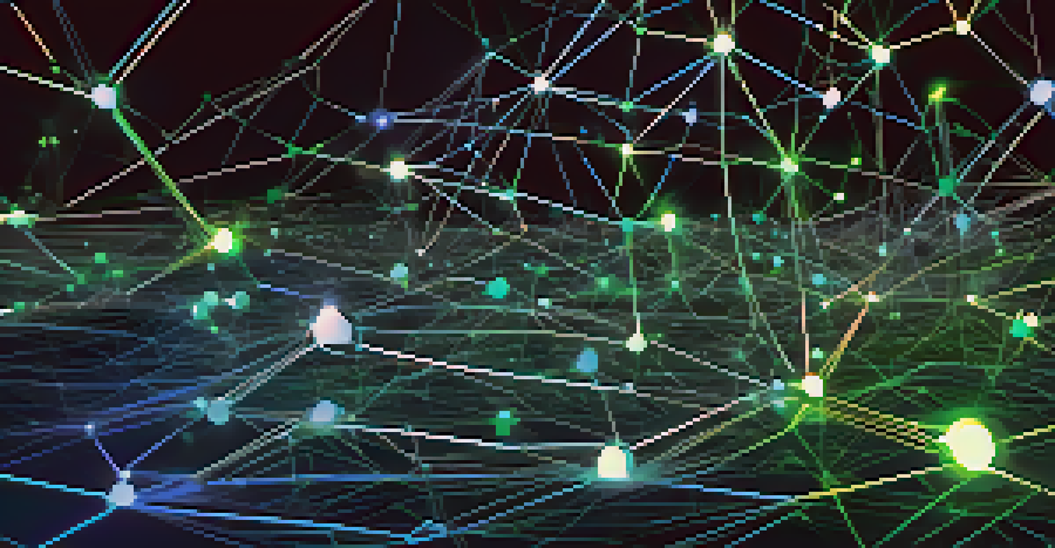 A glowing network of interconnected nodes representing the Ethereum blockchain on a dark background, with bright blue and green colors highlighting active transactions.