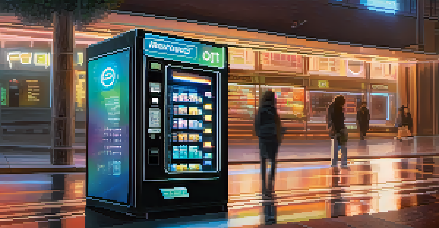 A glowing vending machine representing smart contracts in a high-tech environment, with a user interacting with it.