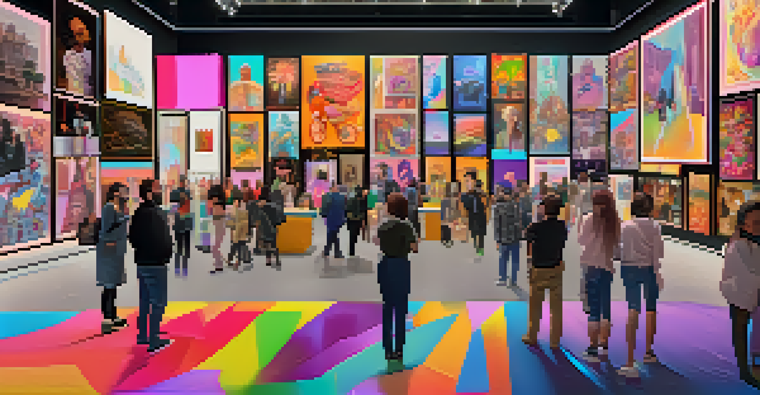 A vibrant digital marketplace showcasing diverse NFT artworks in a global art gallery.