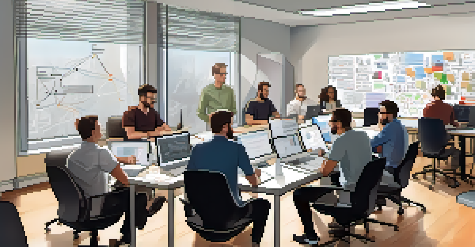 A group of diverse developers in a meeting around a table with laptops and notes, in a brightly lit room with whiteboards.