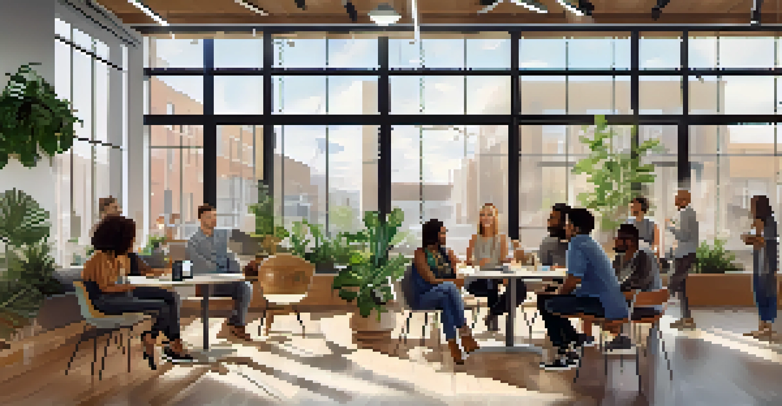 A diverse group of individuals discussing in a modern coworking space filled with natural light and greenery, representing community engagement.