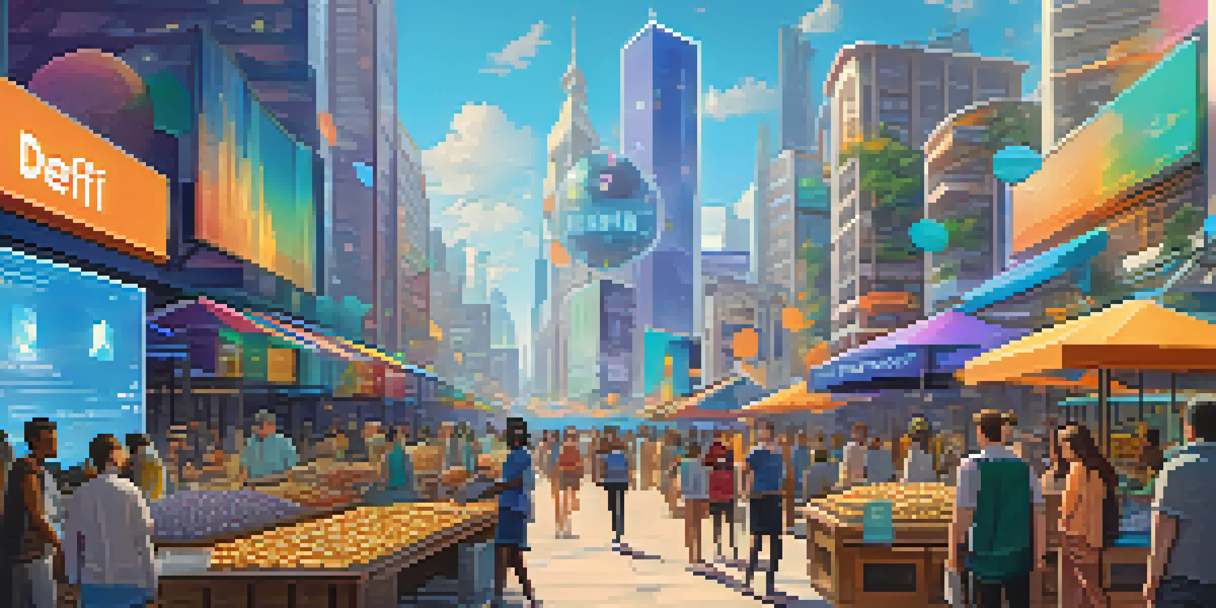 A lively DeFi marketplace with animated characters discussing governance tokens, colorful digital coins, and futuristic screens showing voting results.