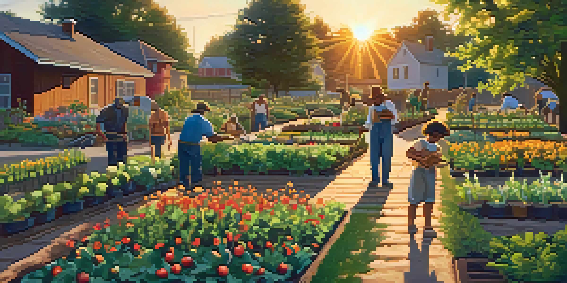A community garden at sunset with people planting flowers and vegetables, illuminated by warm golden light.