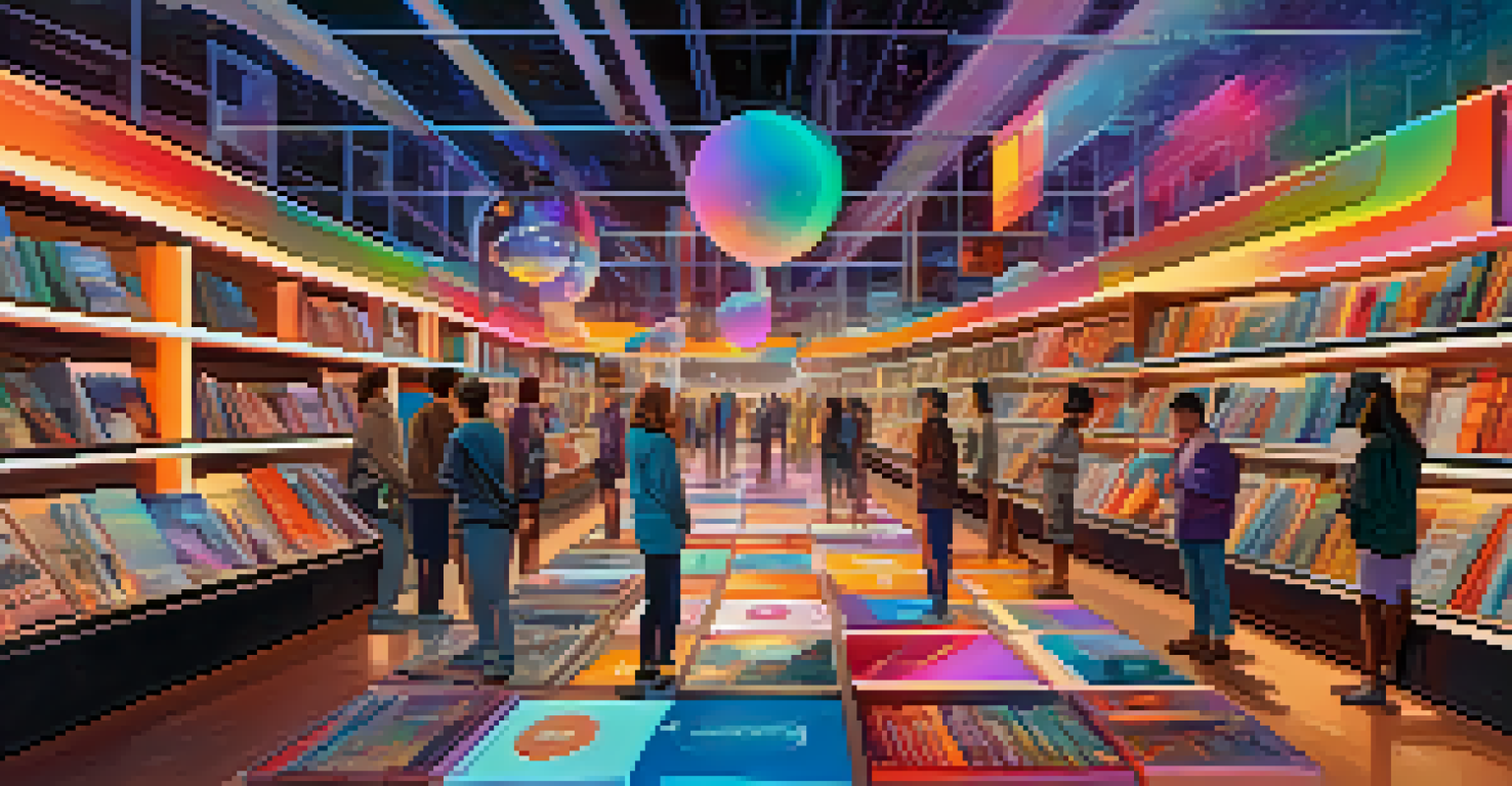A futuristic digital marketplace with people buying eBooks using cryptocurrency.