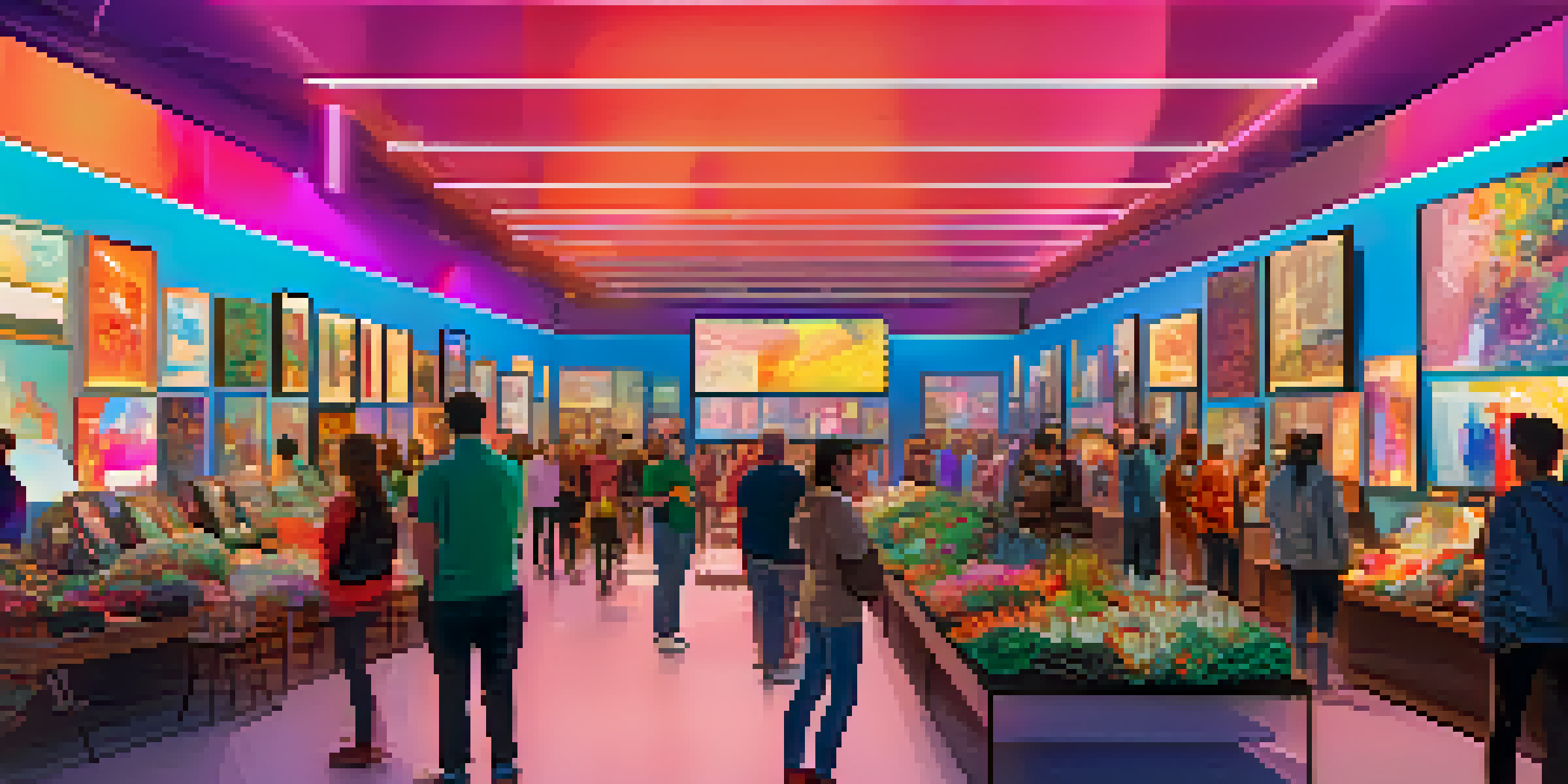 A busy digital art gallery displaying various NFT artworks on screens, with visitors engaging in the vibrant atmosphere.