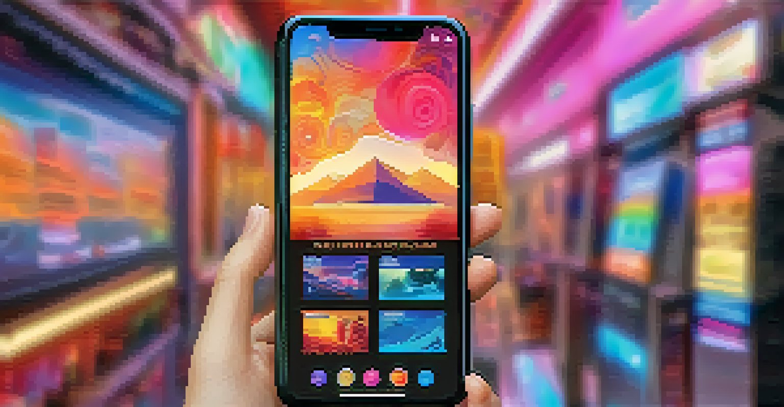 A close-up of a digital wallet app displaying a colorful collection of NFTs, with a hand holding the phone and a blurred background.