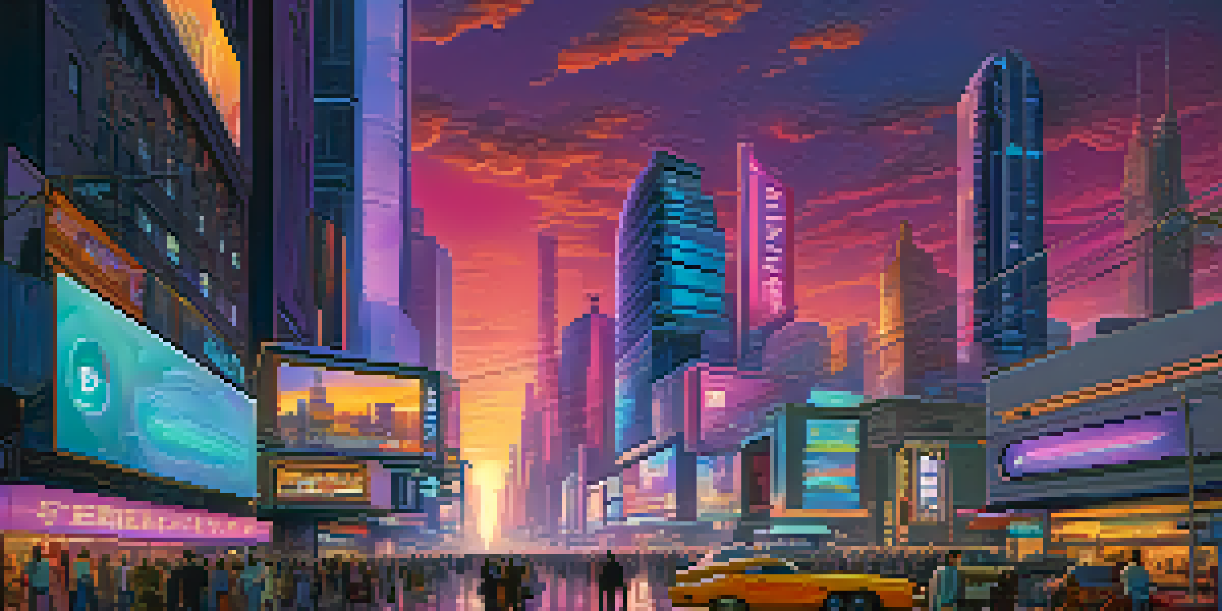 A vibrant futuristic city at dusk, featuring a mix of traditional and modern buildings with neon lights and a busy street scene.