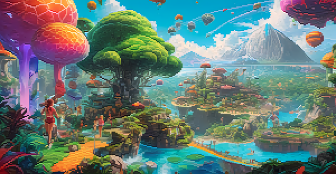 A colorful virtual landscape with fantastical creatures and players, showcasing an immersive blockchain gaming environment.
