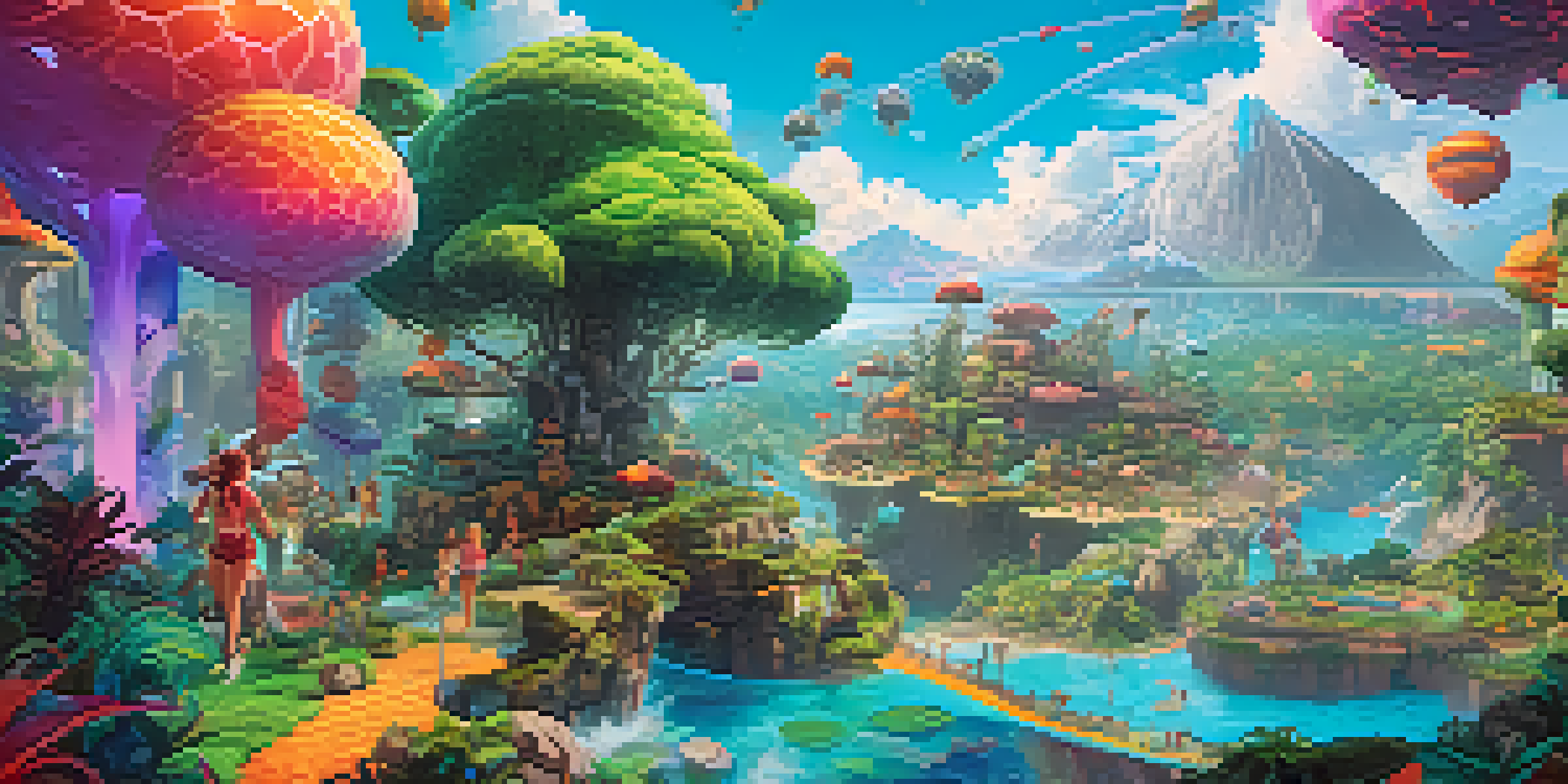 A colorful virtual landscape with fantastical creatures and players, showcasing an immersive blockchain gaming environment.