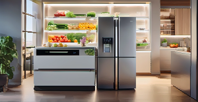 A modern kitchen with a high-tech refrigerator displaying low grocery supplies, illuminated by warm lighting.