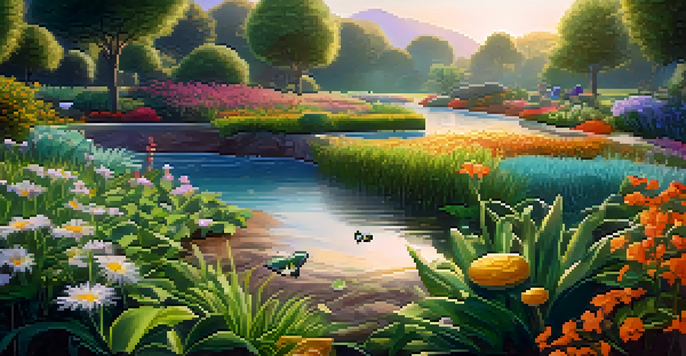 A peaceful garden with colorful plants representing cryptocurrencies, illuminated by sunlight and featuring a flowing stream.