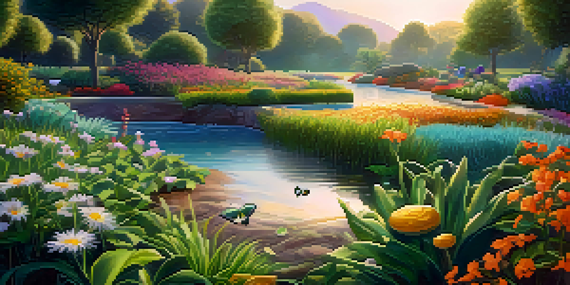 A peaceful garden with colorful plants representing cryptocurrencies, illuminated by sunlight and featuring a flowing stream.