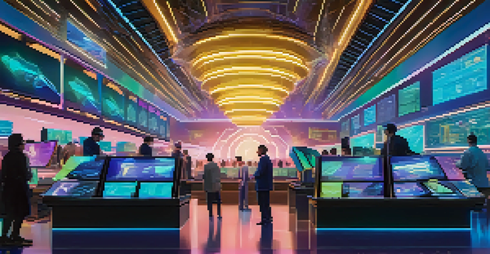 A colorful digital scene of traders using holographic screens to engage with synthetic assets in a high-tech trading environment.