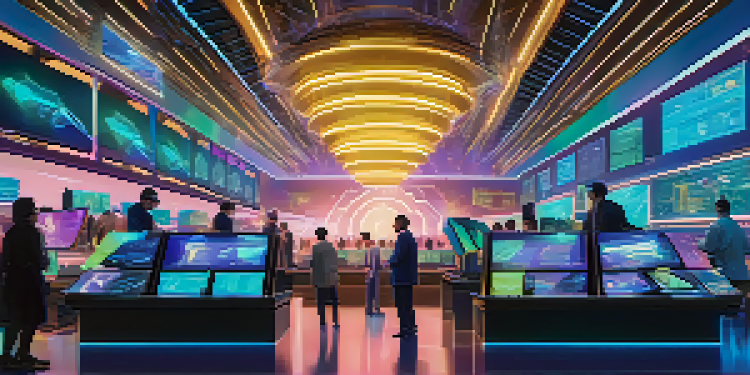 A colorful digital scene of traders using holographic screens to engage with synthetic assets in a high-tech trading environment.