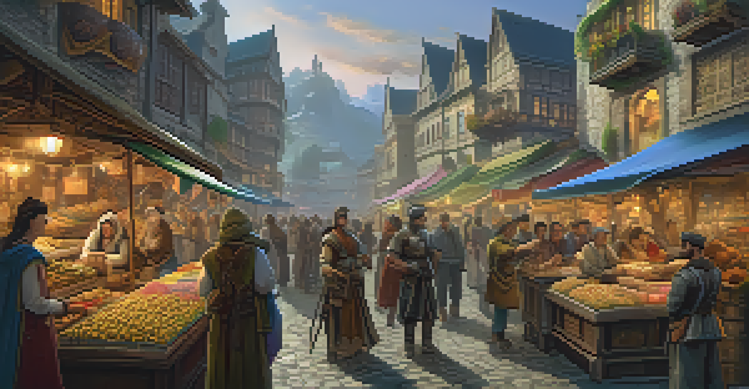 Players trading digital collectibles in a vibrant marketplace with colorful stalls and a fantasy landscape in the background.