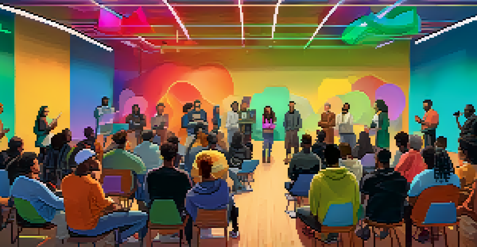 A community forum with diverse individuals sharing ideas and collaborating on a decentralized platform.