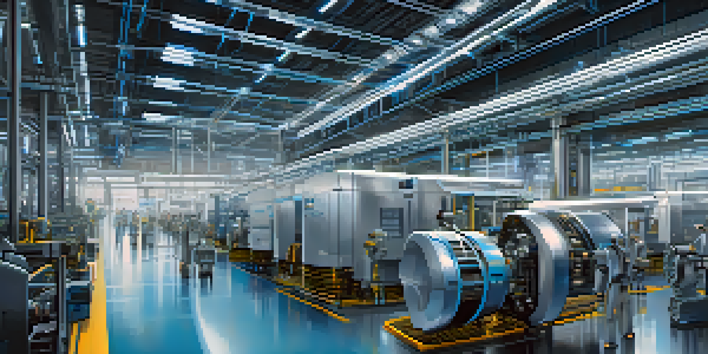 A virtual representation of a factory floor with machinery and glowing data streams, illustrating the concept of digital twins in a futuristic setting.