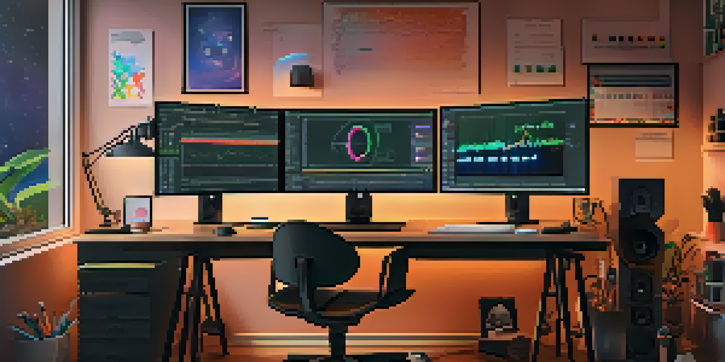 A digital artist's workspace with a monitor showing Ethereum blockchain code and colorful graphics on the ERC-20 token standard, surrounded by creative tools and warm lighting.