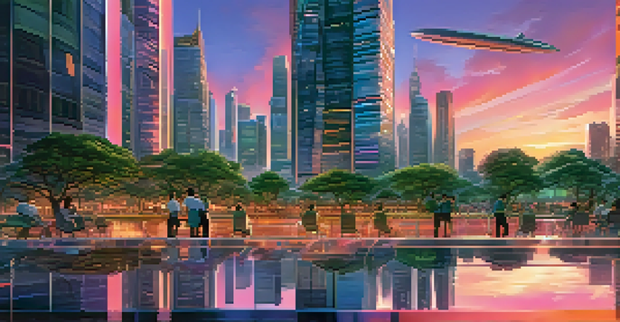 A colorful futuristic cityscape at sunset, featuring glass skyscrapers and flying vehicles, with a park in the foreground.