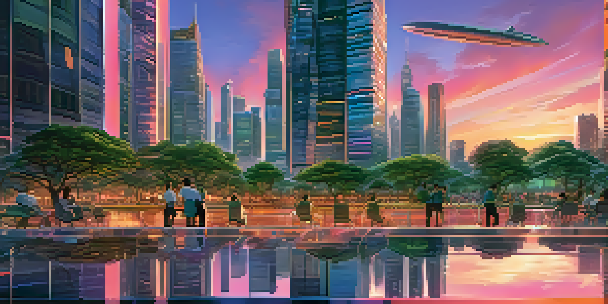 A colorful futuristic cityscape at sunset, featuring glass skyscrapers and flying vehicles, with a park in the foreground.