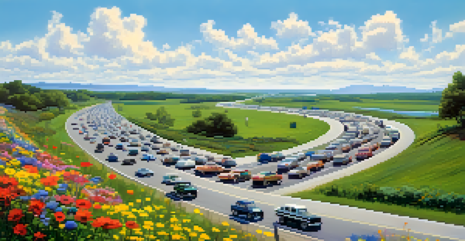 A wide highway with multiple lanes of traffic moving smoothly, bordered by greenery and wildflowers under a clear blue sky.