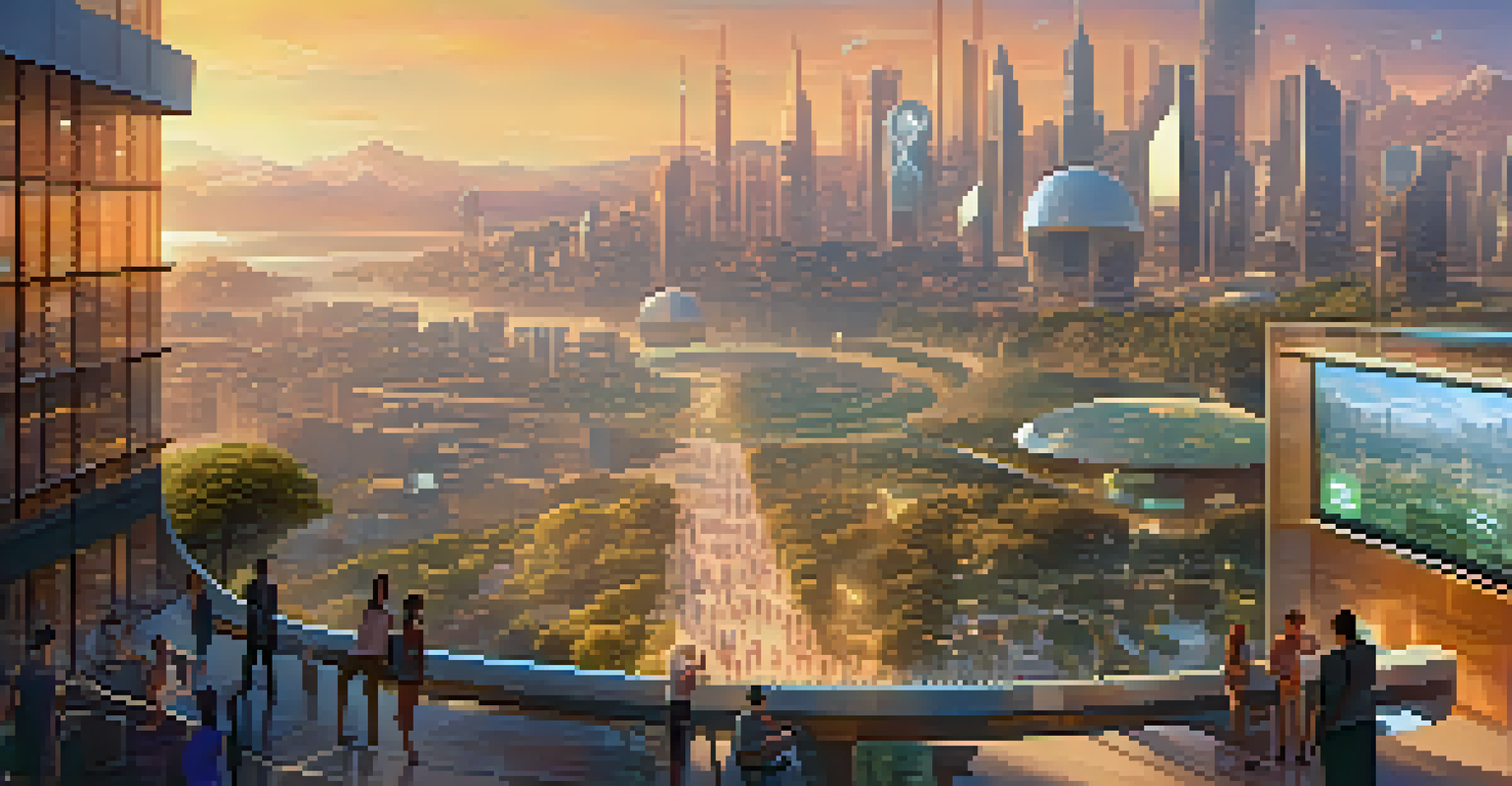 A futuristic city landscape illustrating blockchain technology with people using digital interfaces.