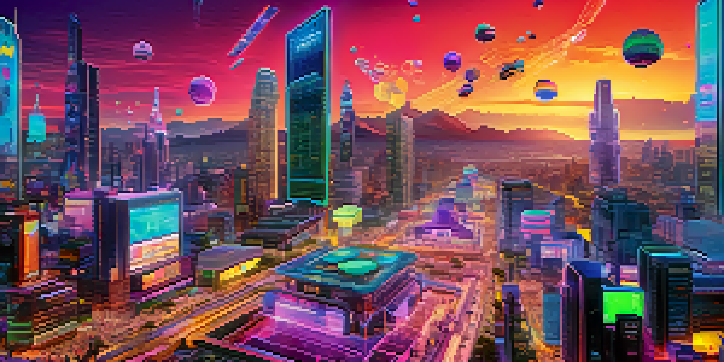 A colorful digital city illustrating gamification in DeFi, featuring futuristic buildings and people interacting with game-like elements.