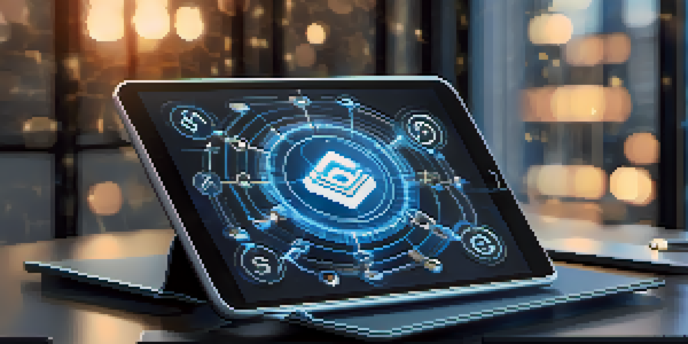A digital tablet showcasing a smart contract surrounded by blockchain symbols in a bright office environment.