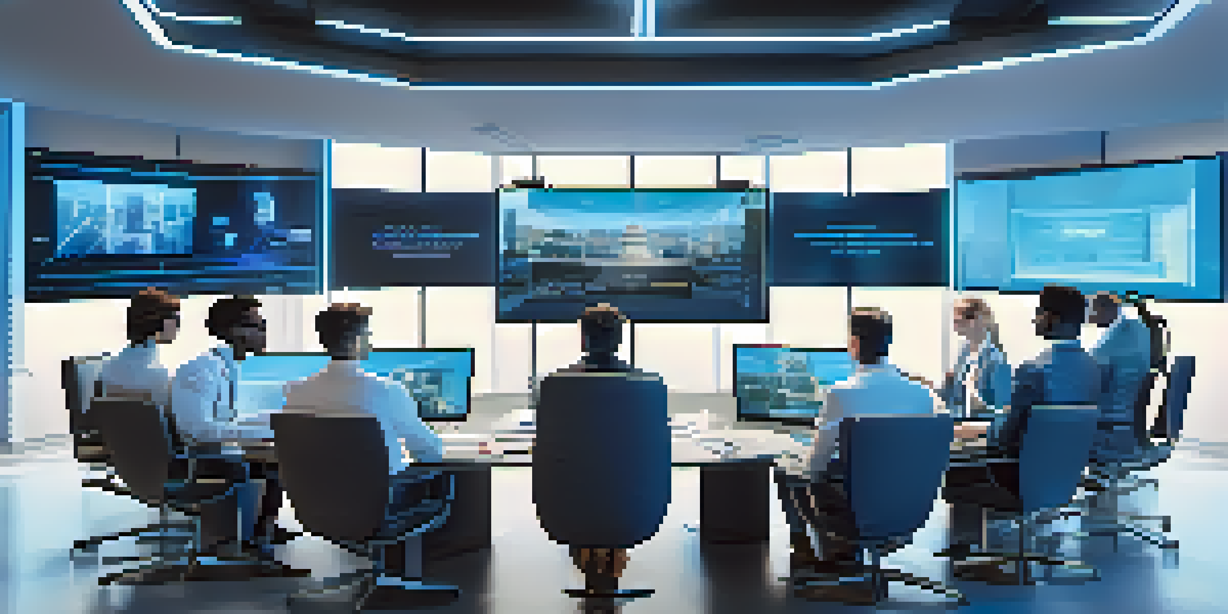 A diverse group of professionals in a modern office discussing smart contracts during a video conference, with digital screens displaying data.
