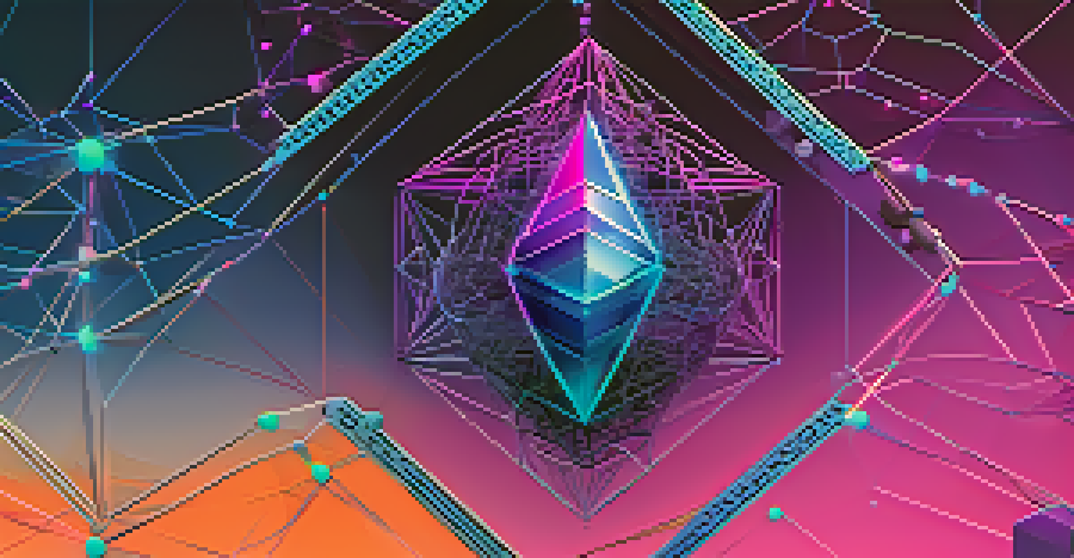 An abstract visualization of Ethereum's blockchain with interconnected nodes in vibrant colors against a gradient background.
