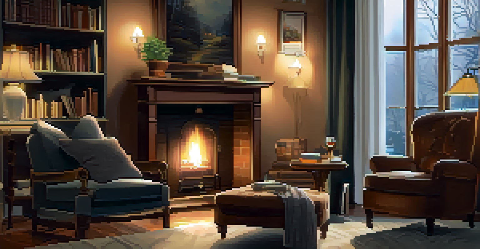 A cozy living room with a fireplace, comfortable furniture, and warm lighting.