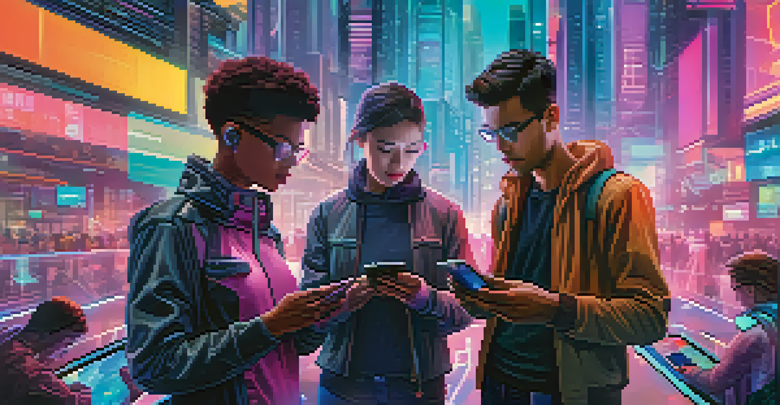 A futuristic city scene with individuals using decentralized identity apps on smartphones, surrounded by digital screens and holograms.
