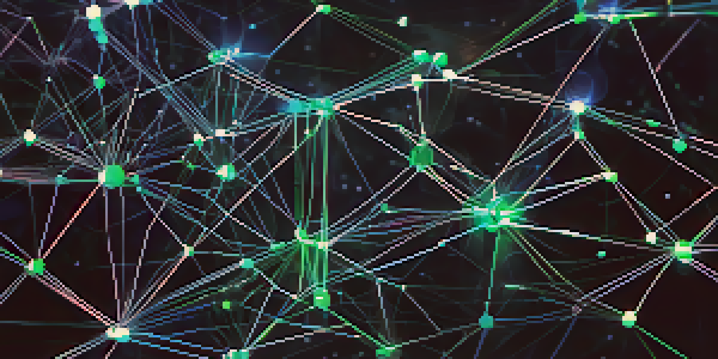 A detailed close-up of an Ethereum blockchain network showing glowing nodes and data streams against a dark background.